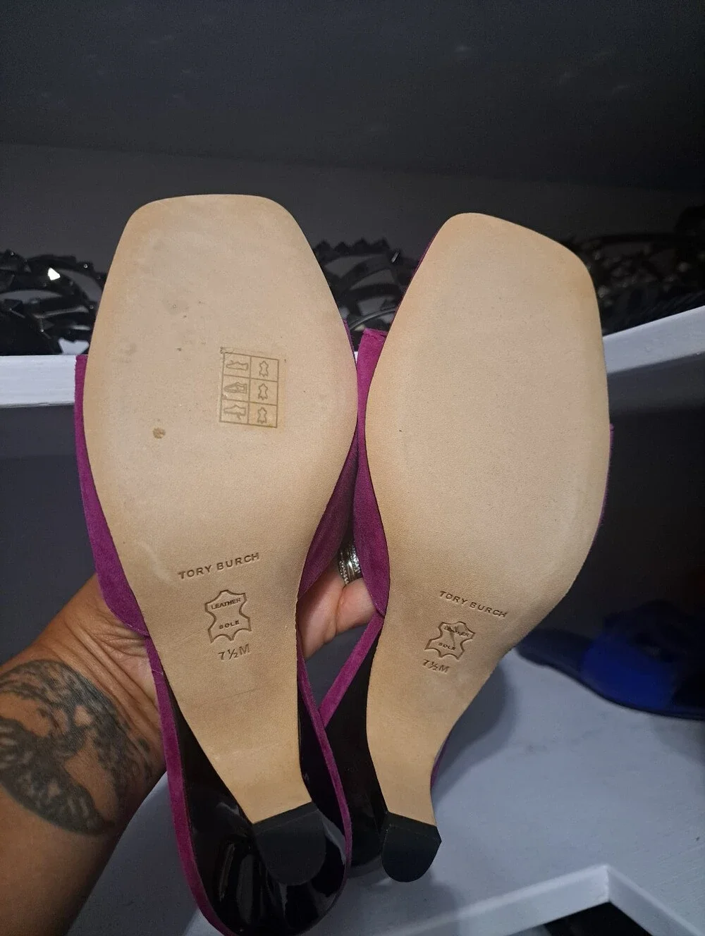 Tory Burch Fuchsia Suede Slide Mules with Crystal Logo Accent